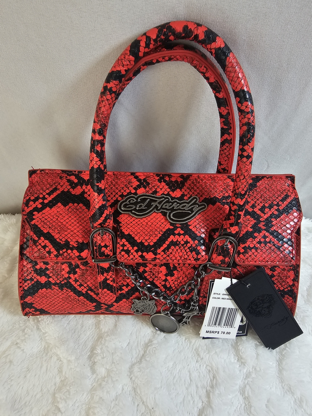 Ed Hardy Red & Black Snake-Print Satchel With Charms